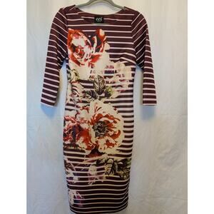 ECI New York Size 4 Striped Floral Midi Dress Burgundy Red Pink side zip strchy
